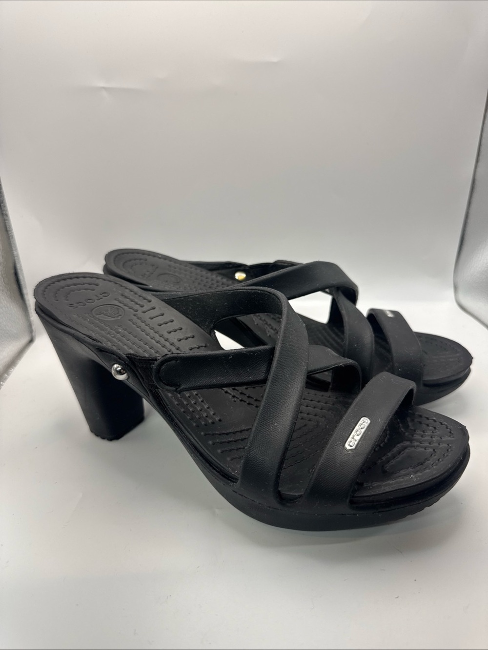 Crocs Cyprus IV High Heel Shoes Women's 8 Black Strappy Sandal Slip On EUC